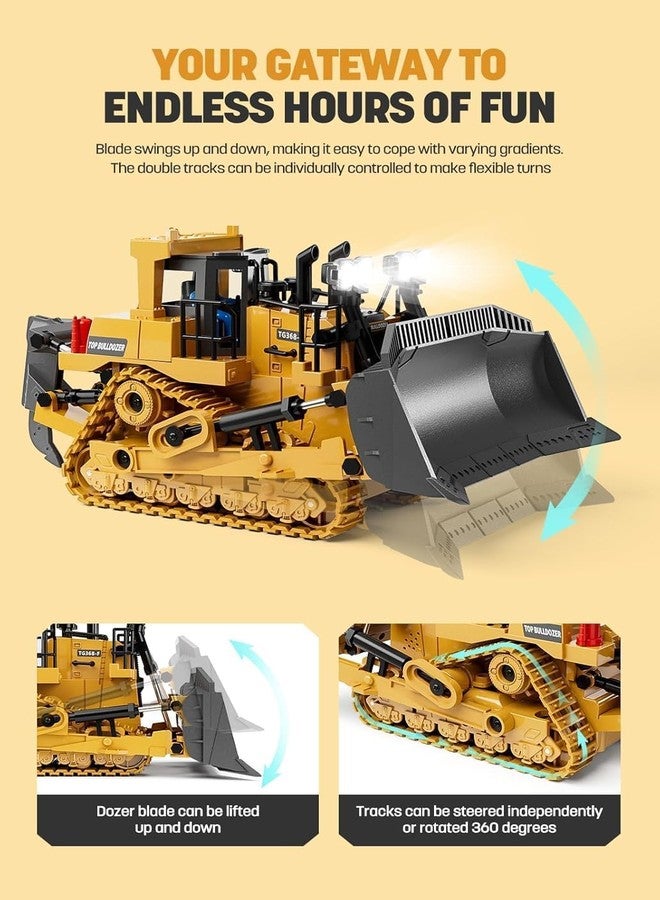 Daji 9 Channel RC Bulldozer, Remote Control Excavator, 1/24 Crawler Front Loader Construction Vehicles Toy Tractor with 2.4Ghz Transmitter and Alloy Shovel,Lights, Simulation Sound for Kids Gift - Image 5